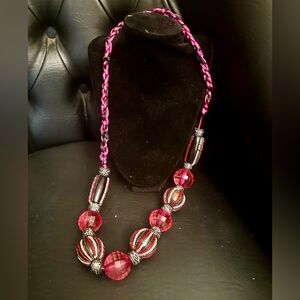 Pink and Silver Beaded Necklace oversized crystals braided rope oversized beads
